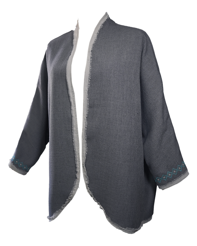 Nadia Dajani x MAP Light Grey Round Jacket with Baby Blue Geometric Hand Embroidery