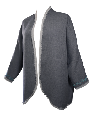Nadia Dajani x MAP Light Grey Round Jacket with Baby Blue Geometric Hand Embroidery