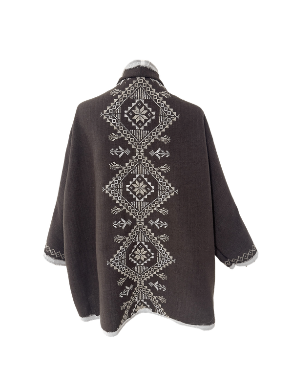 Nadia Dajani x MAP Hand Embroidered Round Jacket in Brown with White Embroidery