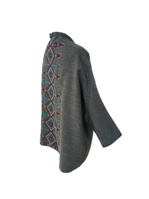 Nadia Dajani x MAP Hand Embroidered Tweed Round Jacket with Yellow and Purple Embroidery