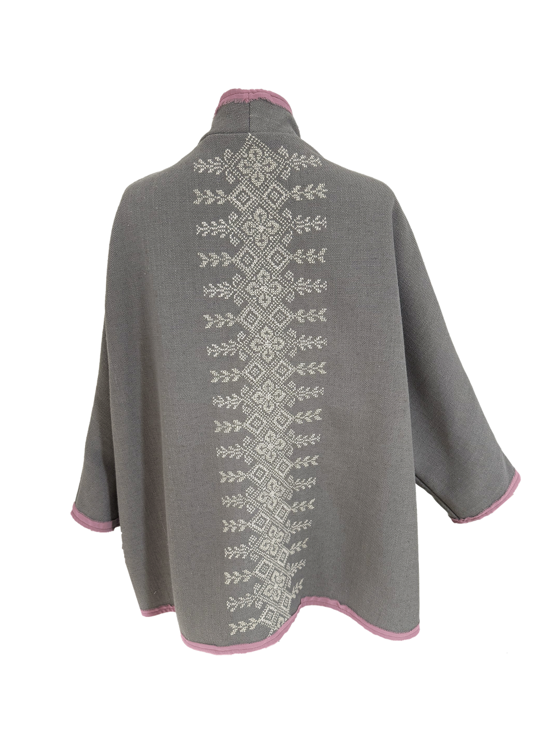 The Round Jacket in Light Grey with White Hand Embroidery and Pink Trim