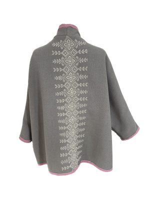 The Round Jacket in Light Grey with White Hand Embroidery and Pink Trim