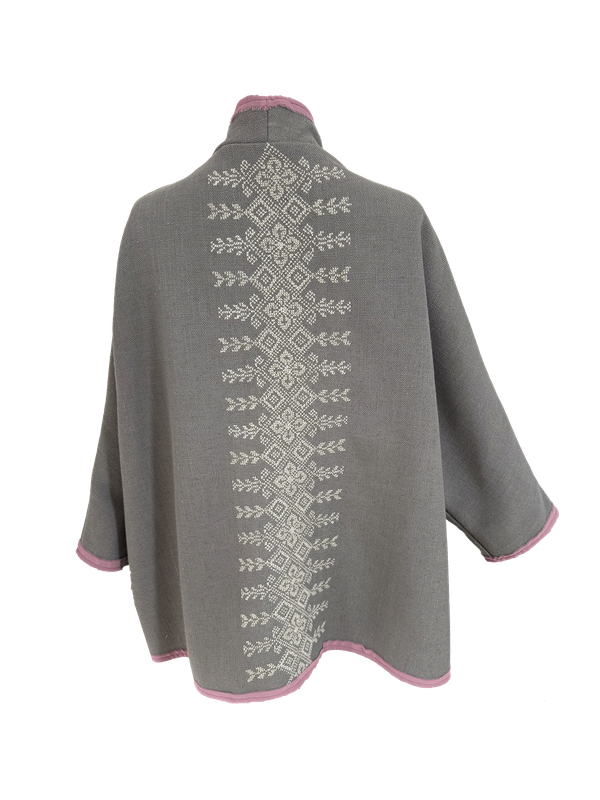 The Round Jacket in Light Grey with White Hand Embroidery and Pink Trim