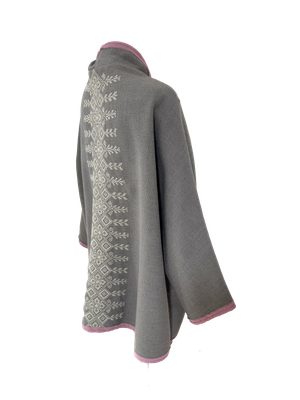 The Round Jacket in Light Grey with White Hand Embroidery and Pink Trim