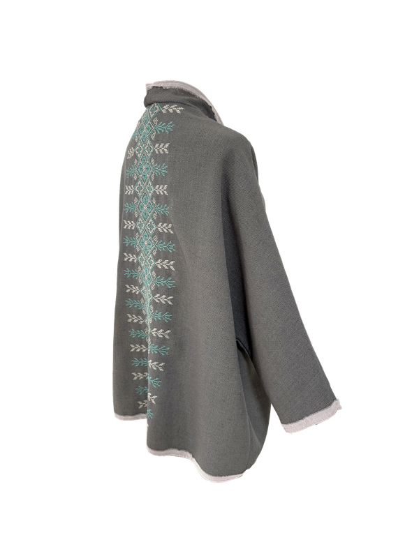 The Round Jacket in Light Grey with Blue Hand Embroidery