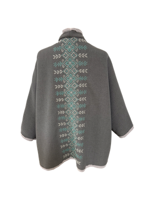The Round Jacket in Light Grey with Blue Hand Embroidery