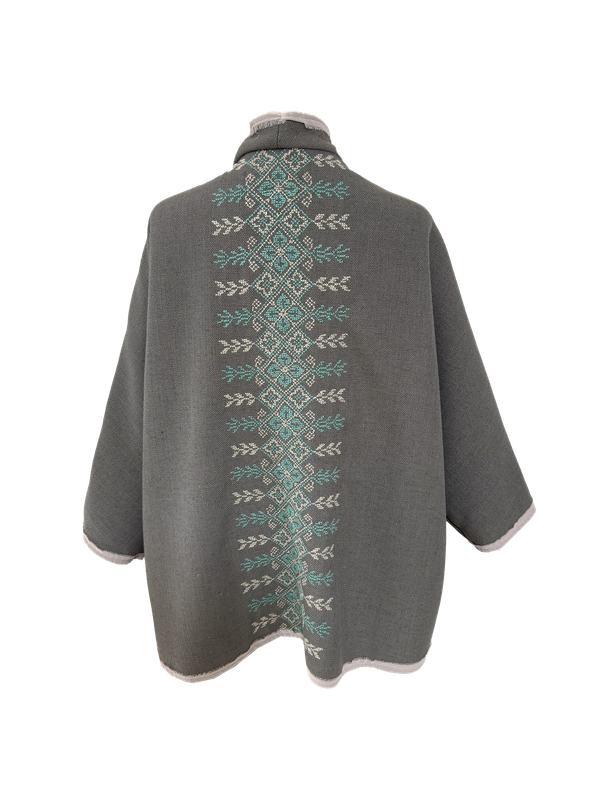 The Round Jacket in Light Grey with Blue Hand Embroidery
