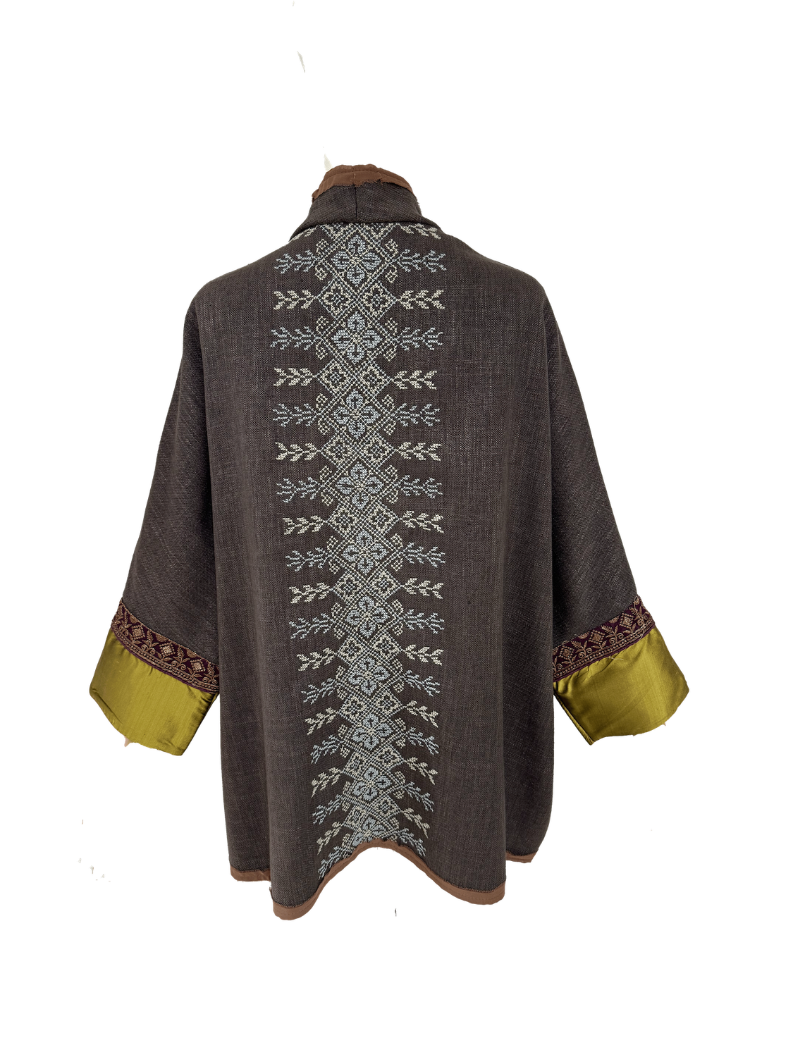 The Round Jacket in Brown With Hand Embroidery and Green Silk Cuffs