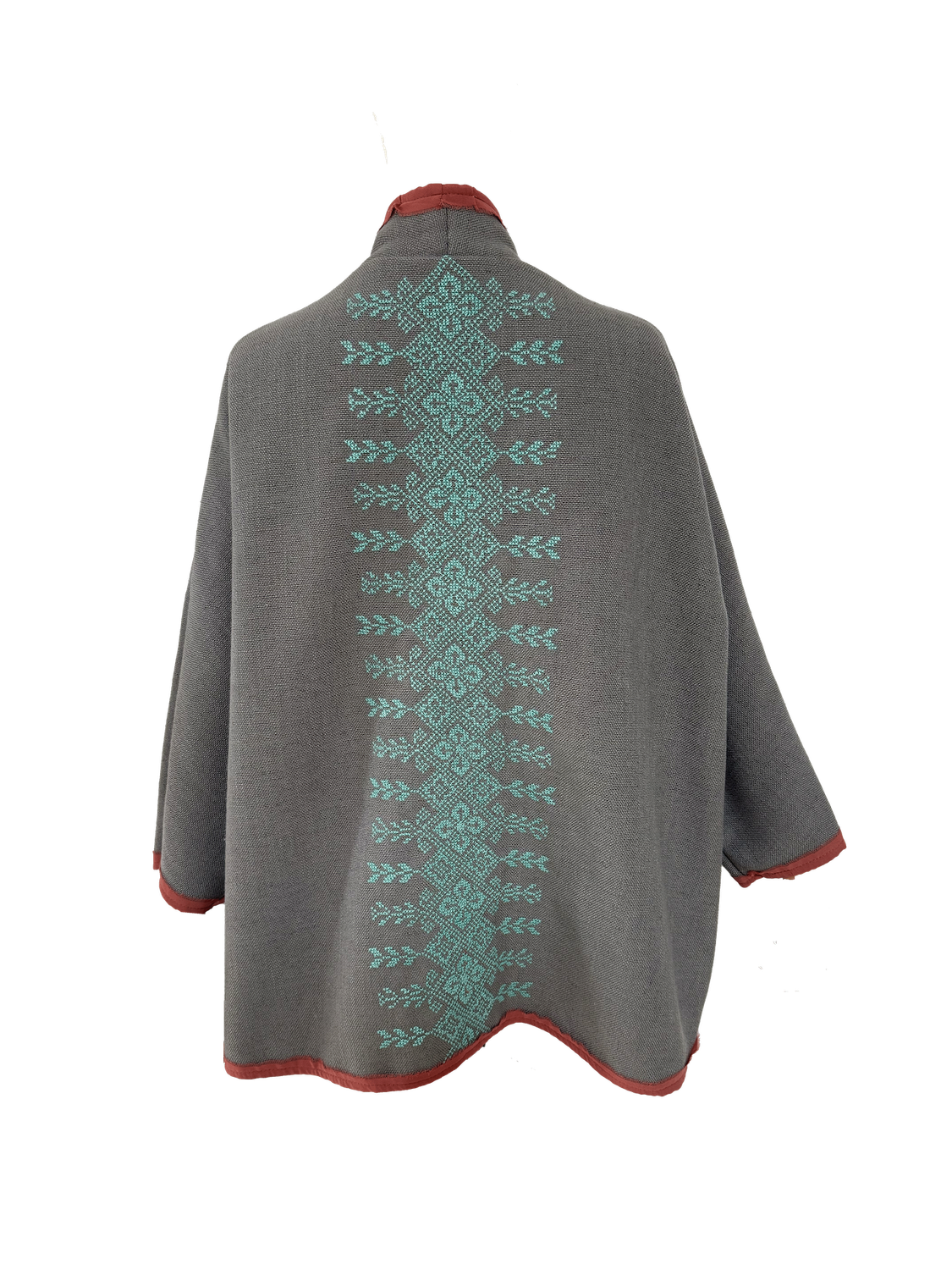 The Round Jacket in Light Grey with Turquoise Hand Embroidery and Orange Trim