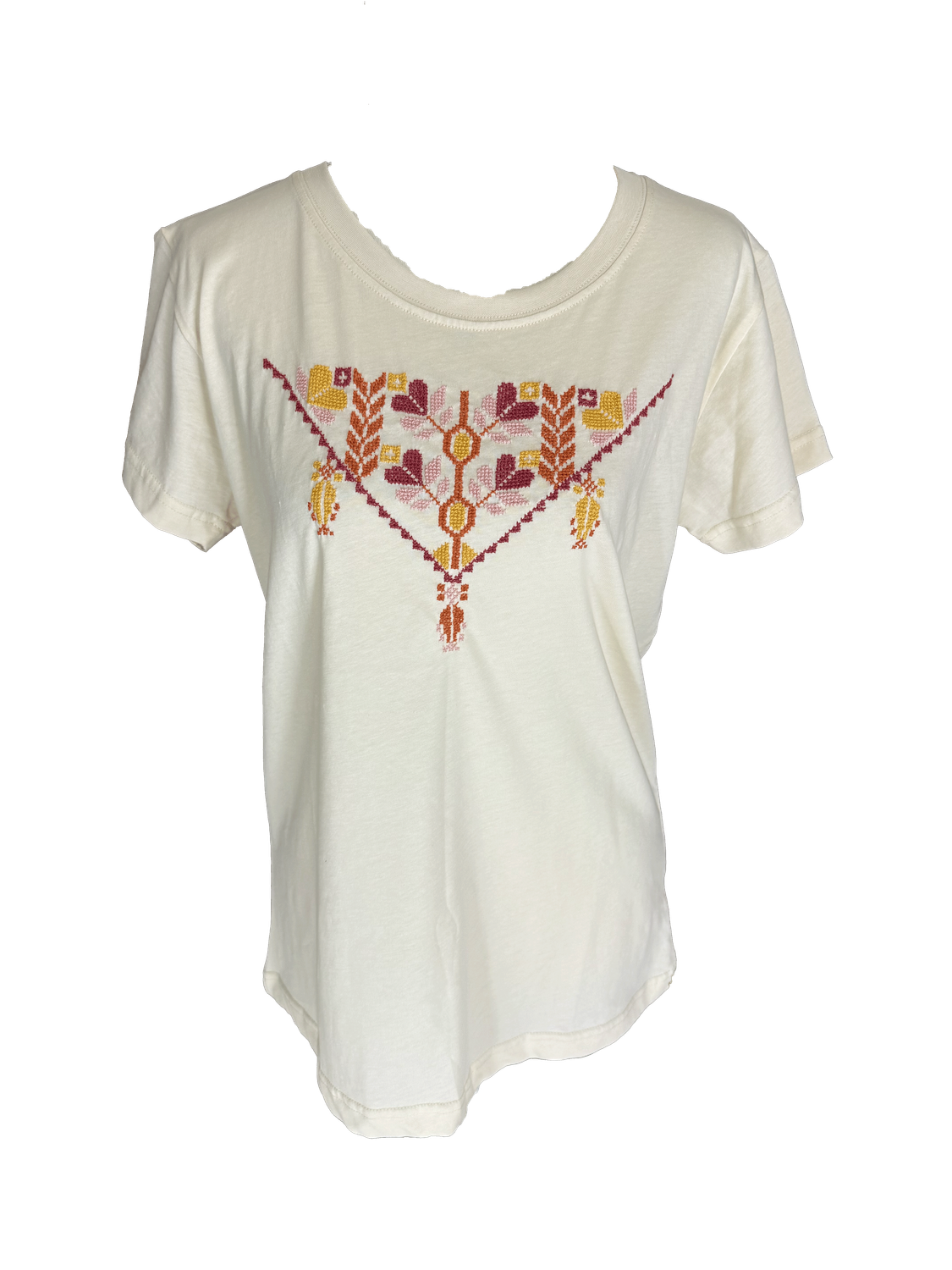 Beige T-Shirt with Orange and Pink Embroidery (Large)