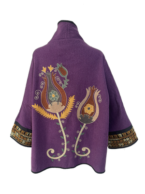 The Purple Round Jacket with Tulips and Antique Yellow Embroidery on the Cuffs