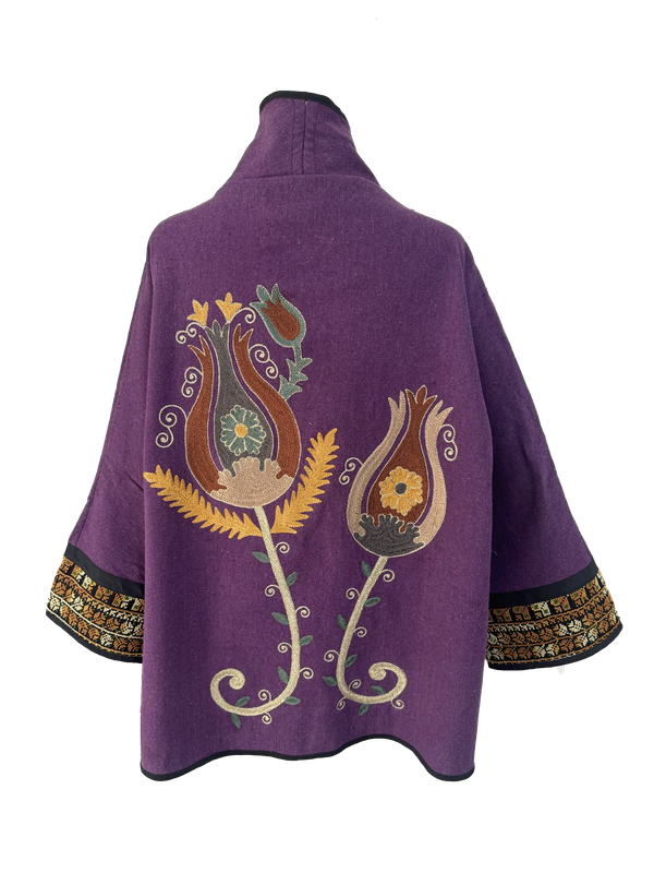 The Purple Round Jacket with Tulips and Antique Yellow Embroidery on the Cuffs