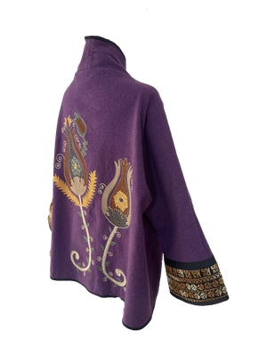 The Purple Round Jacket with Tulips and Antique Yellow Embroidery on the Cuffs