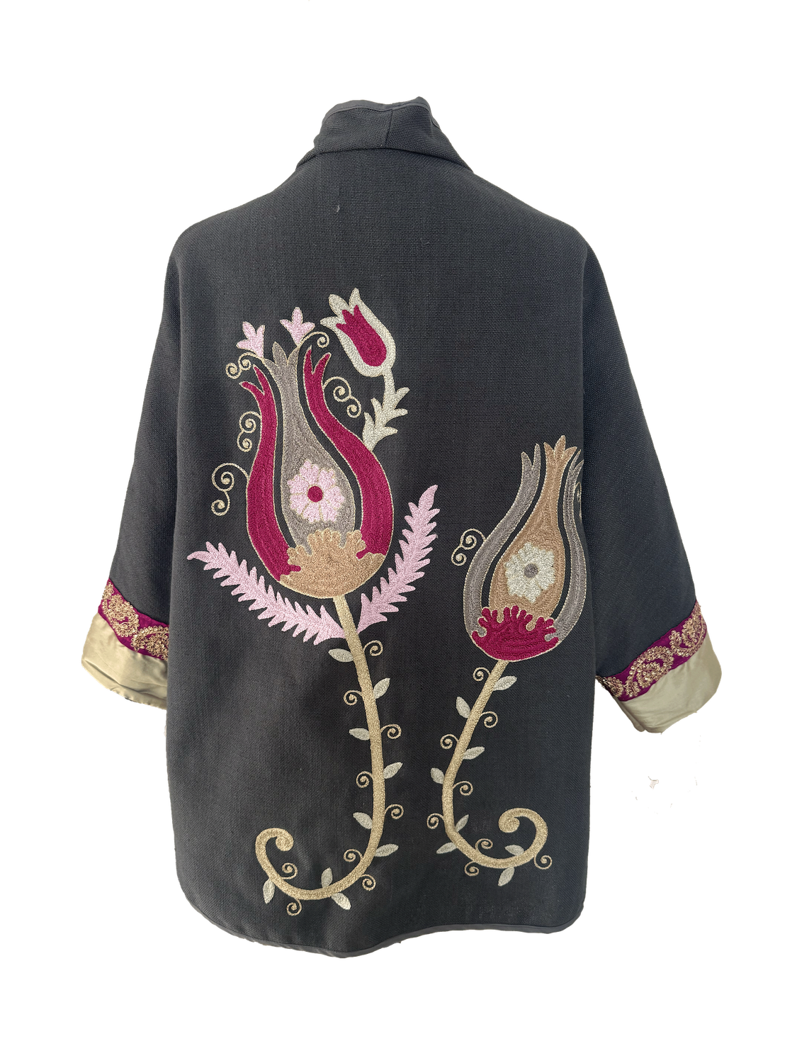 The Dark Grey Round Jacket With Aghabani Embroidery and Thai Silk Cuffs