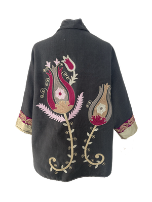 The Dark Grey Round Jacket With Aghabani Embroidery and Thai Silk Cuffs
