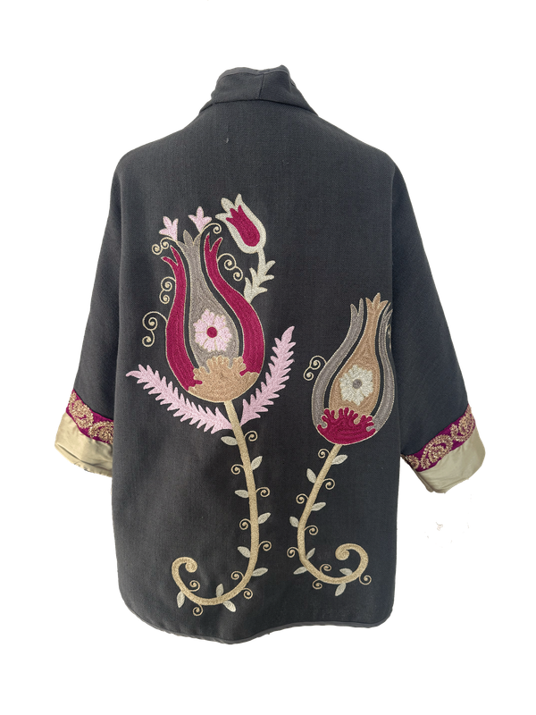 The Dark Grey Round Jacket With Aghabani Embroidery and Thai Silk Cuffs