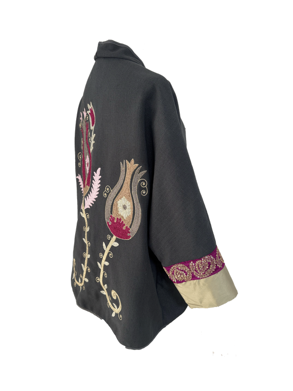 The Dark Grey Round Jacket With Aghabani Embroidery and Thai Silk Cuffs