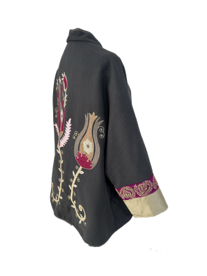The Dark Grey Round Jacket With Aghabani Embroidery and Thai Silk Cuffs