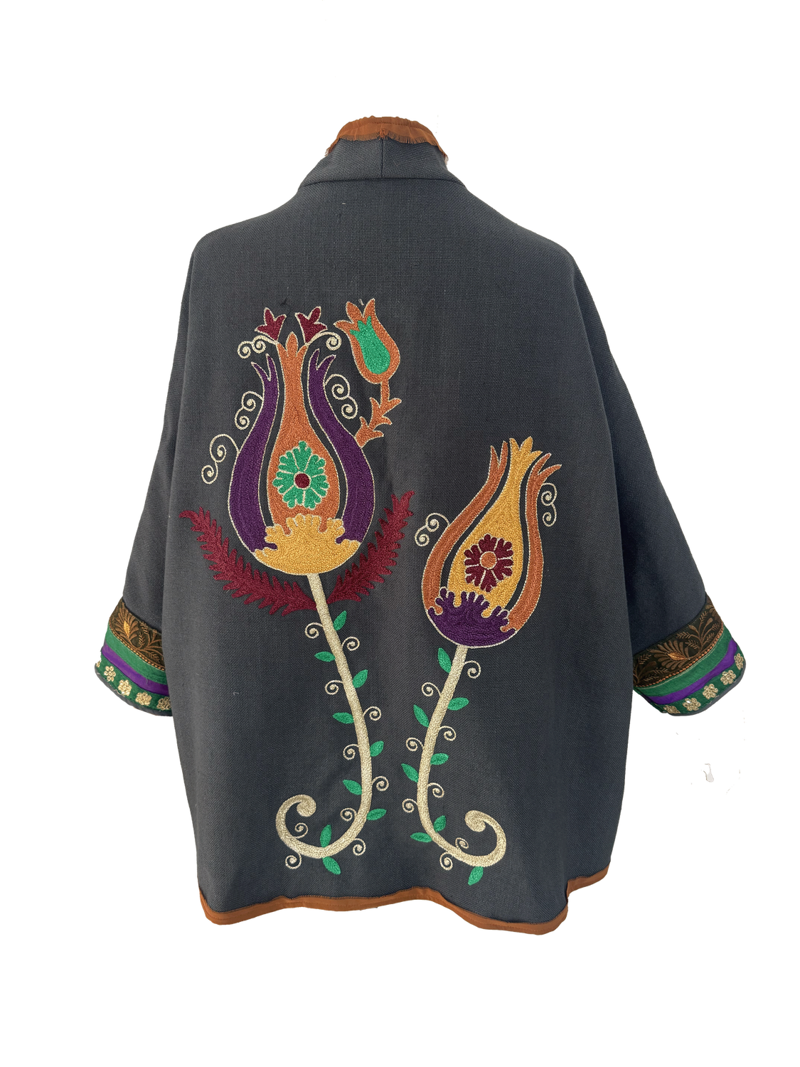 The Dark Grey Round Jacket With Aghabani Embroidery and Indian Trim