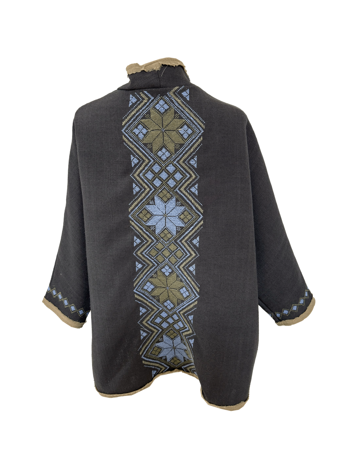 Nadia Dajani x MAP Hand Embroidered Round Jacket in Brown with Blue and Green Embroidery