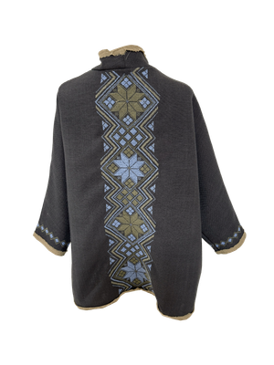 Nadia Dajani x MAP Hand Embroidered Round Jacket in Brown with Blue and Green Embroidery