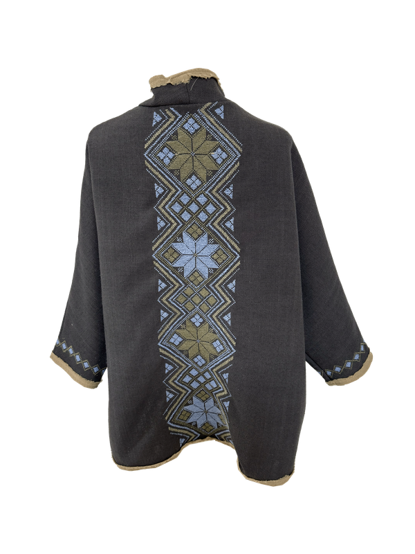 Nadia Dajani x MAP Hand Embroidered Round Jacket in Brown with Blue and Green Embroidery