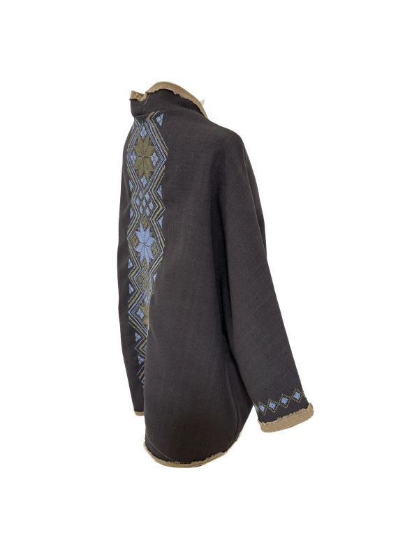Nadia Dajani x MAP Hand Embroidered Round Jacket in Brown with Blue and Green Embroidery