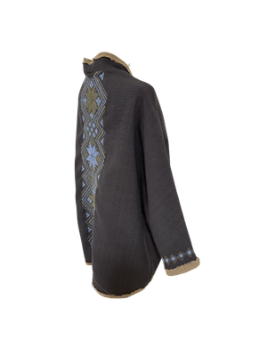 Nadia Dajani x MAP Hand Embroidered Round Jacket in Brown with Blue and Green Embroidery