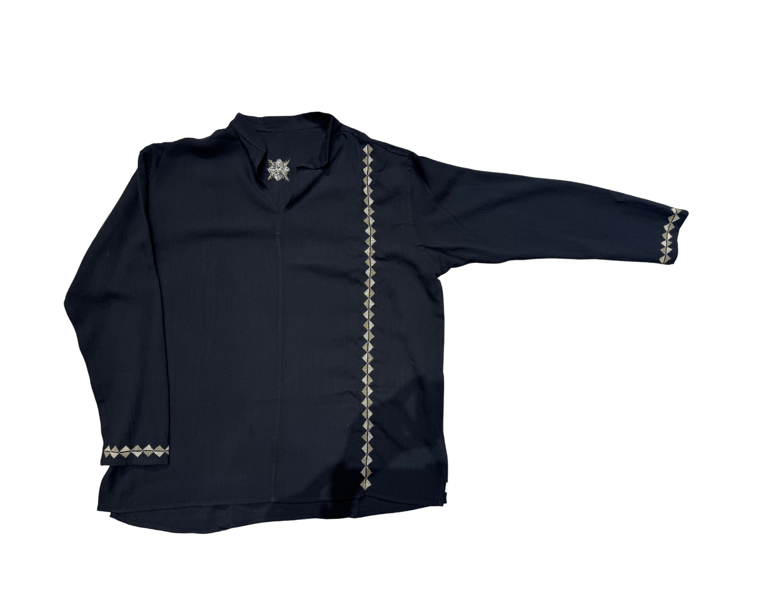 The Embroidered Men's Shirt in Black with Beige Geometric Embroidery