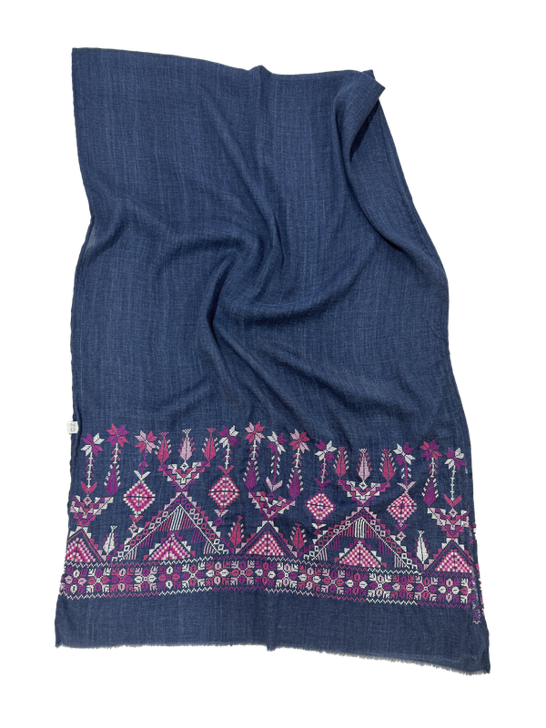 Nadia Dajani x MAP Heavily Embroidered Scarf in Navy Blue