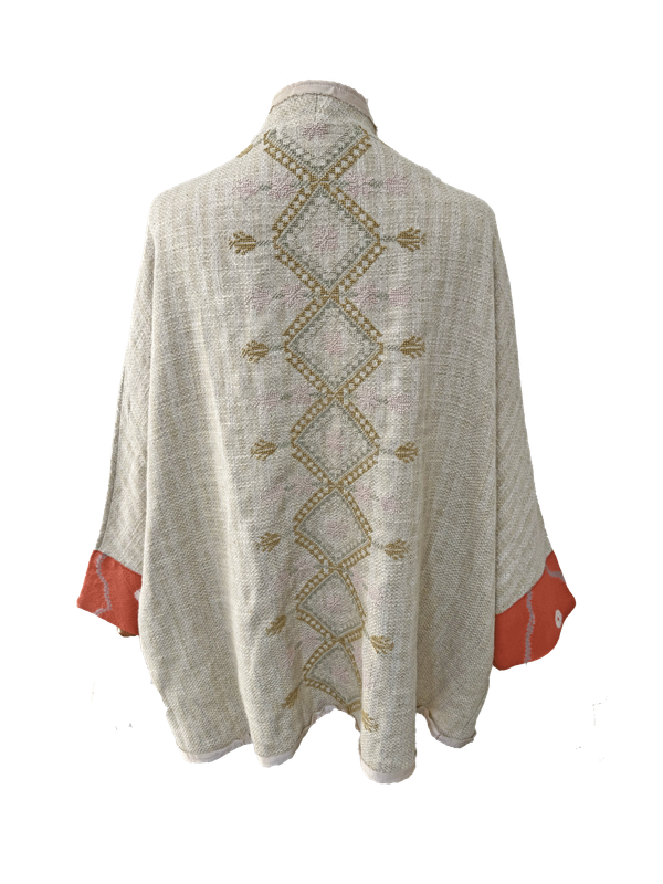 Nadia Dajani x MAP Hand Embroidered Beige Round Jacket with Pink Cuffs