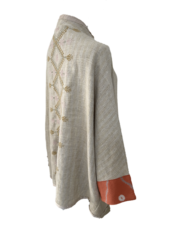 Nadia Dajani x MAP Hand Embroidered Beige Round Jacket with Pink Cuffs