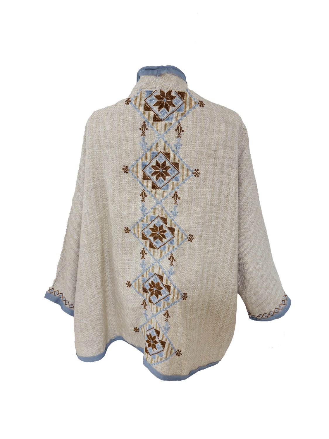 Nadia Dajani x MAP Navy Blue Striped Hand Embroidered Beige Round Jacket
