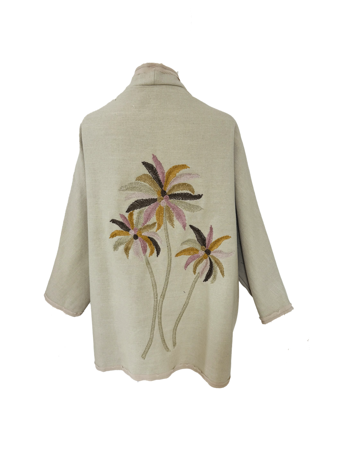 The Beige Round Jacket With Palm Tree Embroidery with Pink Trim
