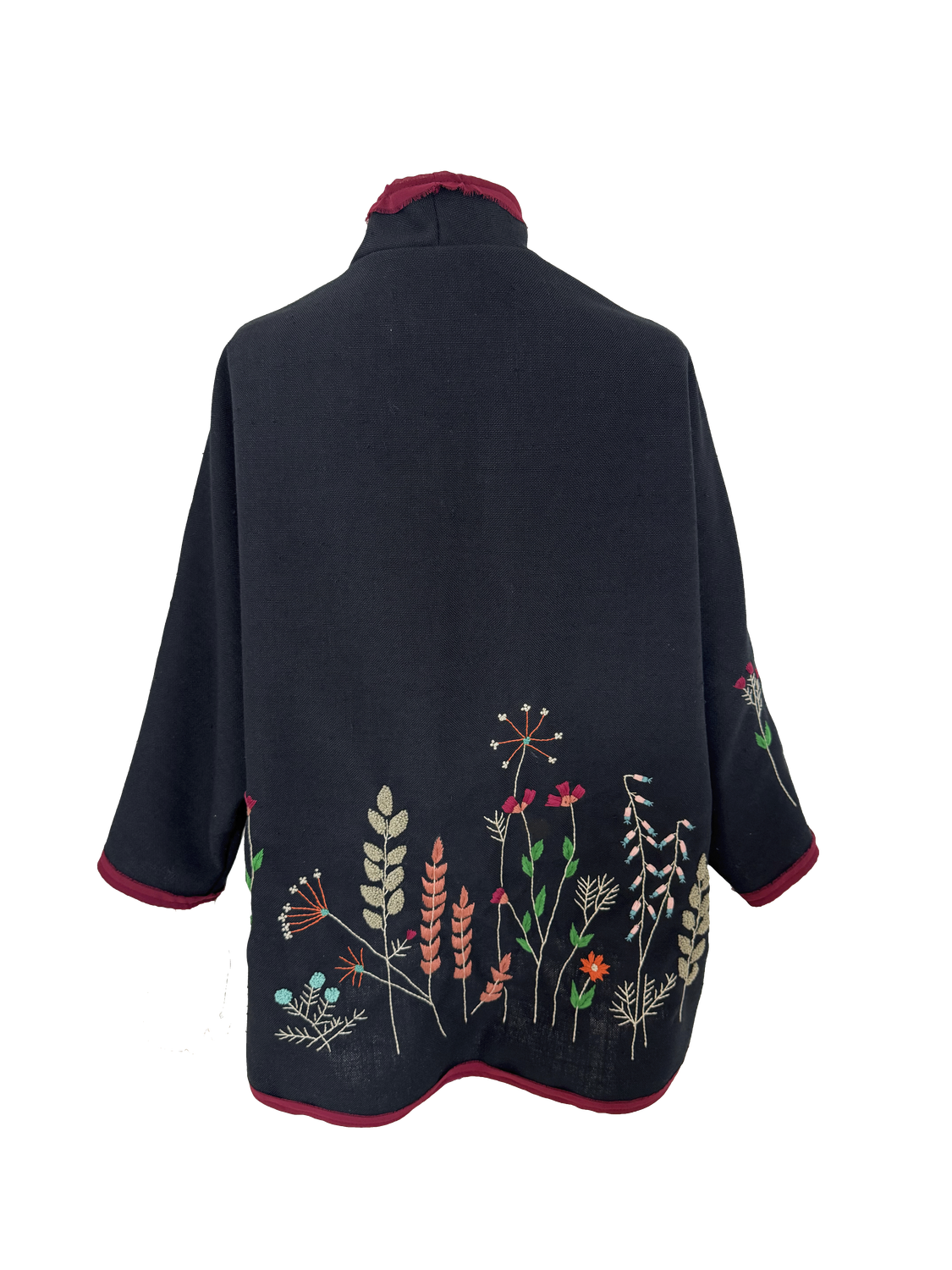 Nadia Dajani x UNHCR Floral Round Jacket in Black with Burgundy Trim