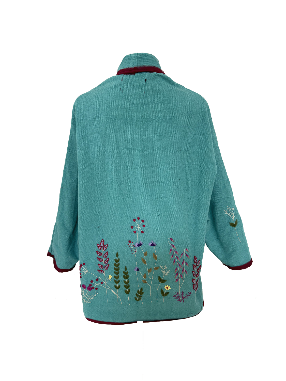 Nadia Dajani x UNHCR Floral Round Jacket in Turquoise with Burgundy Trim