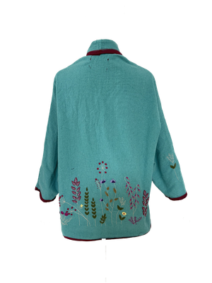 Nadia Dajani x UNHCR Floral Round Jacket in Turquoise with Burgundy Trim