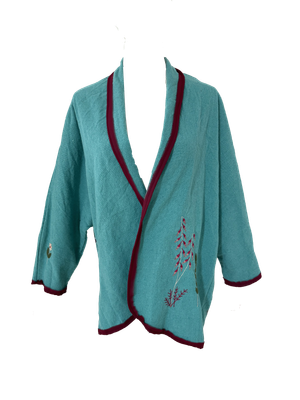 Nadia Dajani x UNHCR Floral Round Jacket in Turquoise with Burgundy Trim