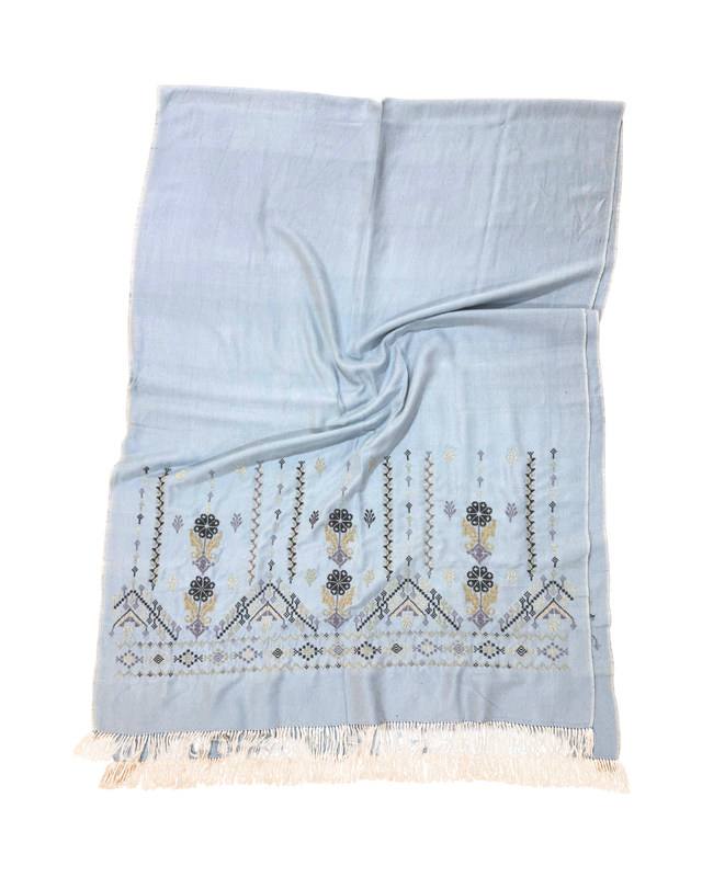 Nadia Dajani x MAP Heavily Embroidered Cotton Scarf in Light Blue