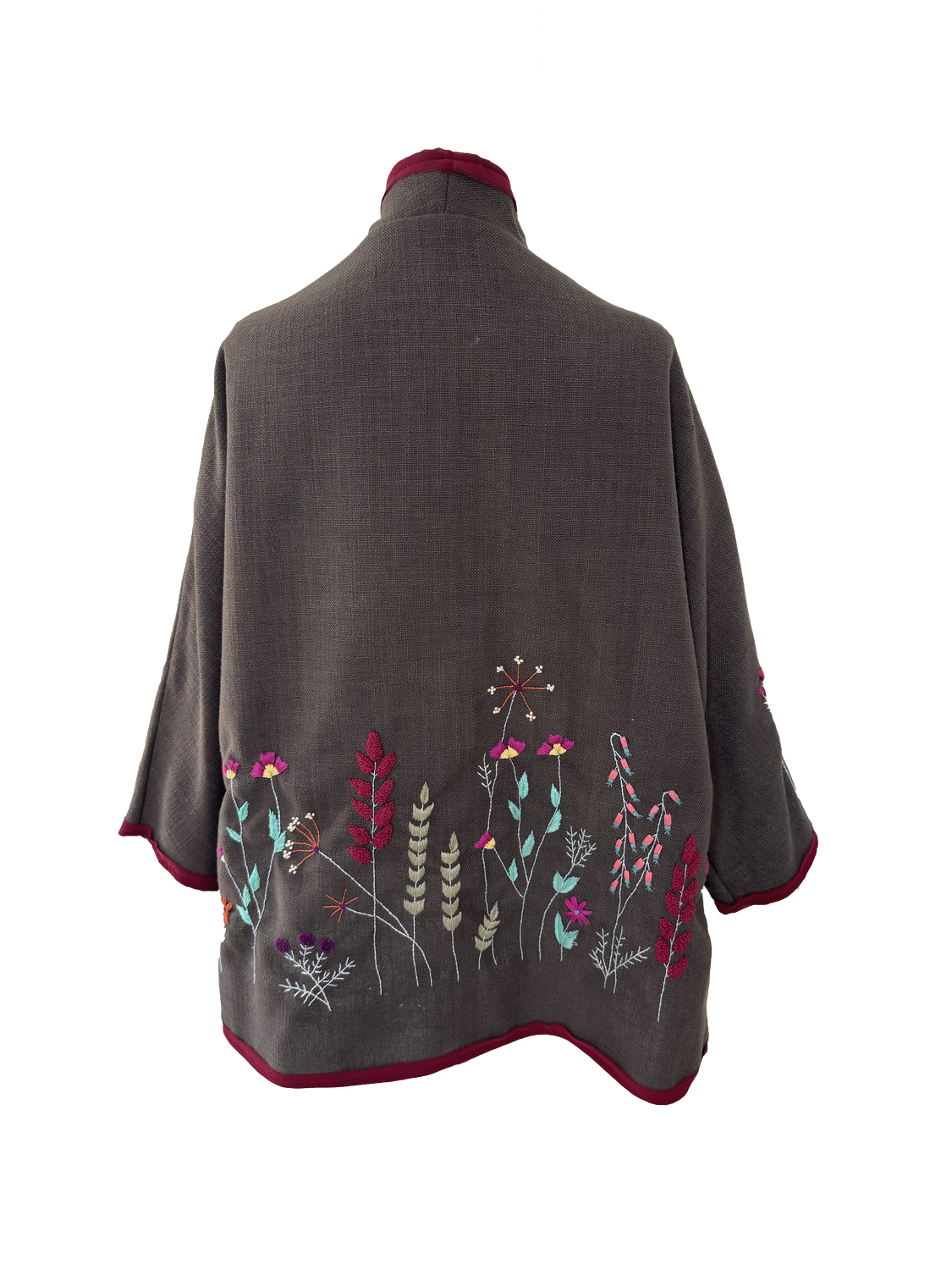 Nadia Dajani x UNHCR Floral Round Jacket in Brown with Burgundy Trim