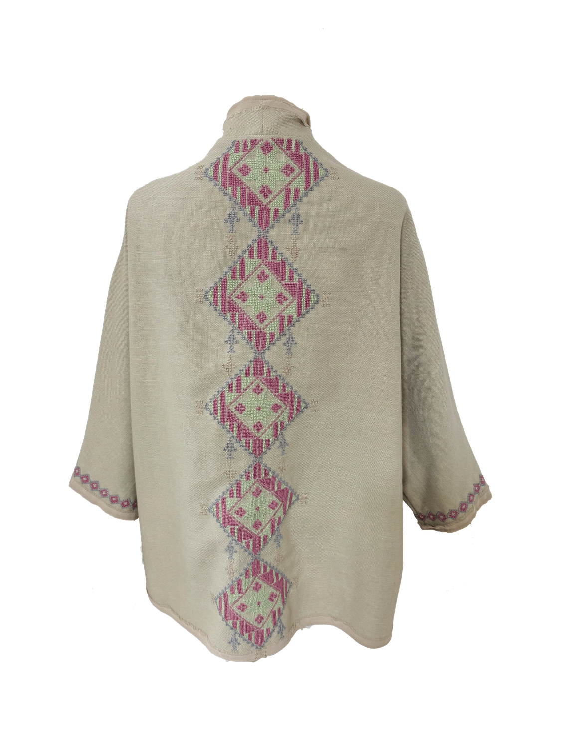 Nadia Dajani x MAP Hand Embroidered Beige Round Jacket with Pink and Green Embroidery
