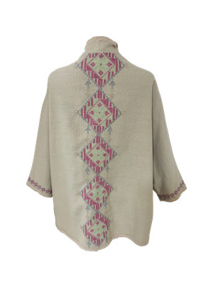 Nadia Dajani x MAP Hand Embroidered Beige Round Jacket with Pink and Green Embroidery