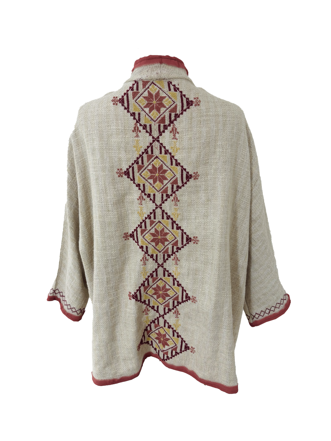 Nadia Dajani x MAP Hand Embroidered Beige Round Jacket with Burgundy Embroidery
