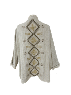 Nadia Dajani x MAP Hand Embroidered Striped Beige Round Jacket with Green Embroidery