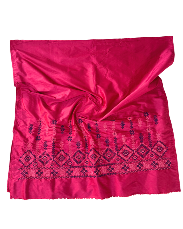 Double Width Hand Embroidered Silk Scarf in Red