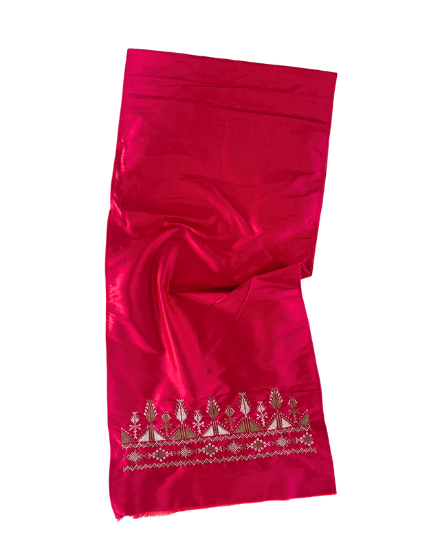 Hand Embroidered Silk Scarf in Red