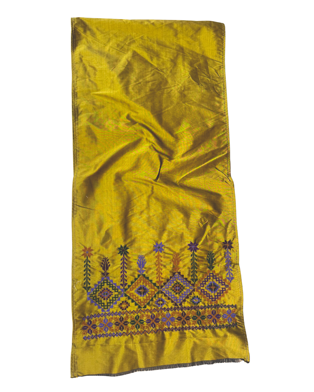 Hand Embroidered Silk Scarf in Olive Green