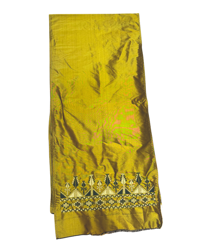 Hand Embroidered Silk Scarf in Olive Green