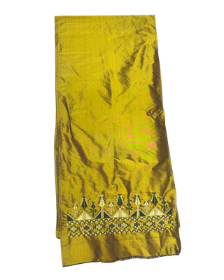 Hand Embroidered Silk Scarf in Olive Green