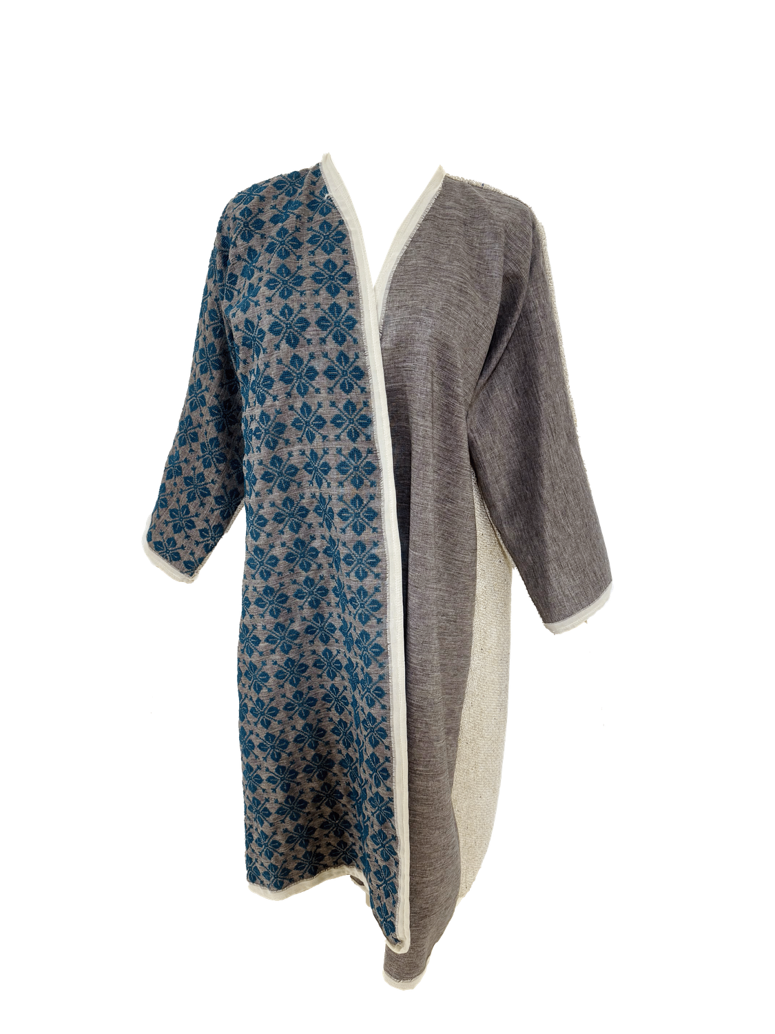 Nadia Dajani x UNHCR Beige, Grey and Teal Hand Embroidered Abaya